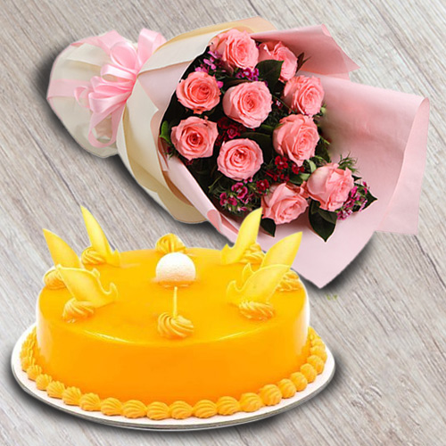 Marvelous Red Roses Bouquet with Mango Flavour Cake