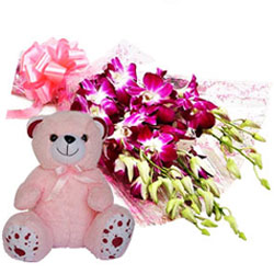 Dazzling Combo of Orchids Bunch N Teddy