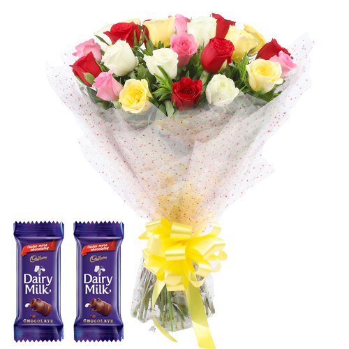 Long Stem Mixed Roses Bouquet with Dairy Milk Crackle