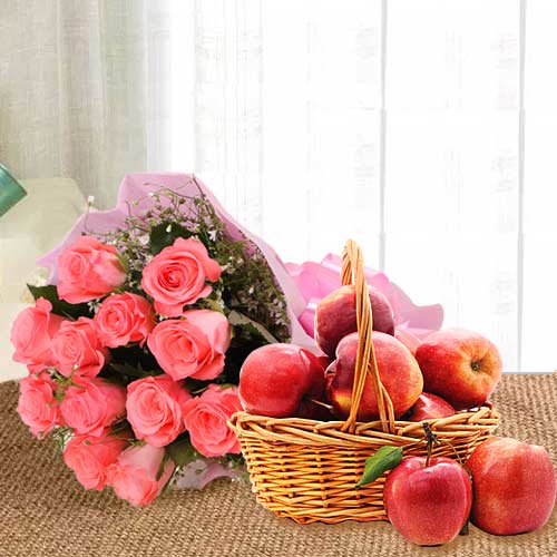 Delicious Apples in Basket with Pink Rose Bouquet