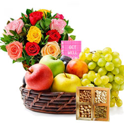 Combo of Assorted Fruits Basket with Dry Fruits N Flowers Arrangement