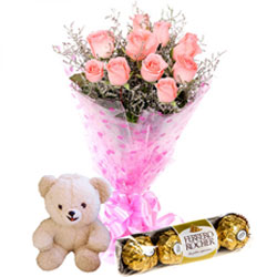 Exclusive Teddy with Roses Bouquet and Ferrero Rocher