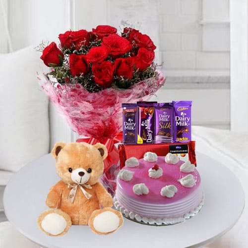 Lip Smacking Strawberry Cake with Chocolates Rose Bouquet N Teddy for Birthday