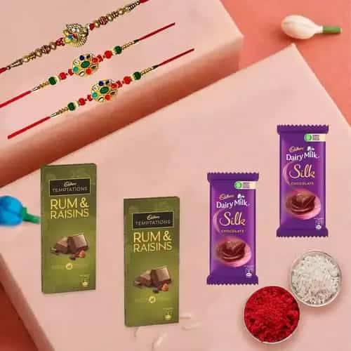 Amazing Trio Rakhi Set with 2 pcs Cadbury Temptation & 2 pcs Cadbury Dairy Milk Silk