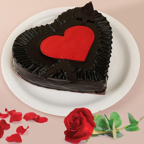 Chocolaty Treat of Heart Shape Cake with Single Red Rose