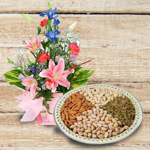 Yummy Dry Fruits with Flower Bouquet with Warm Love
