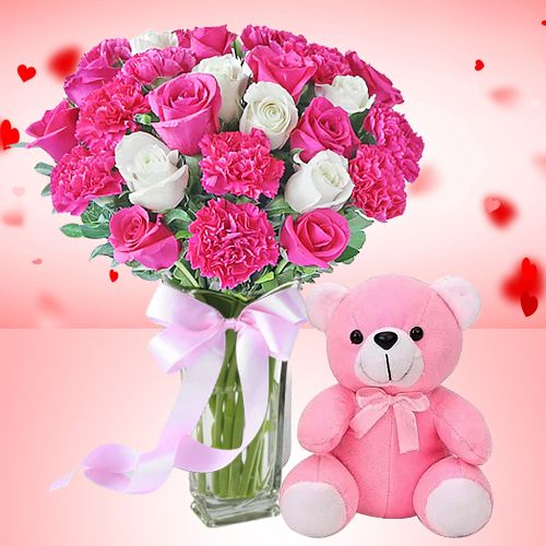 Exotic Display of Rose and Carnation in Vase with Cute Teddy