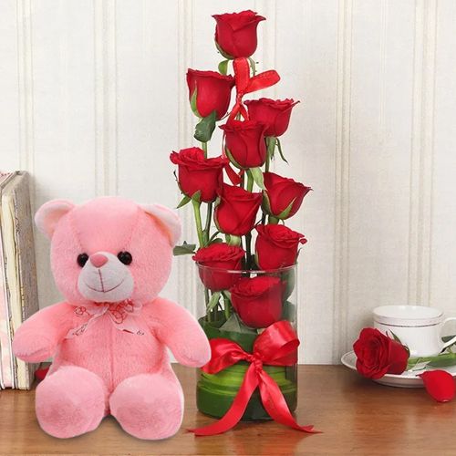 Romantic Choice of Red Roses in Vase with Love Teddy