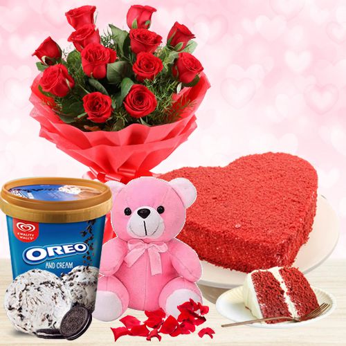 Magnificent Roses with Kwality Walls Oreo Ice Cream Teddy n Love Cake