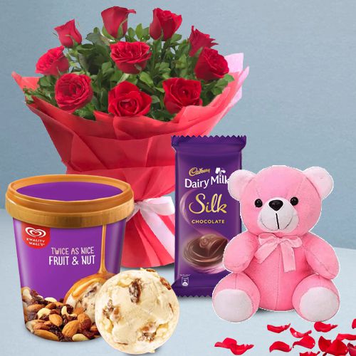 Delightful Kwality Walls Fruit n Nut Ice Cream Roses Teddy n Cadbury Silk