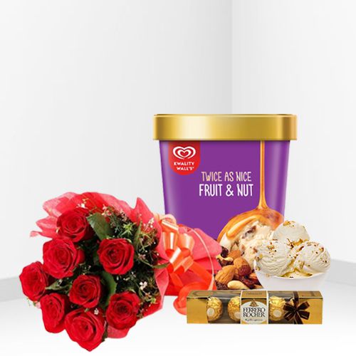 Splendid Roses with Kwality Walls Fruit n Nut Ice Cream n Ferrero Rocher