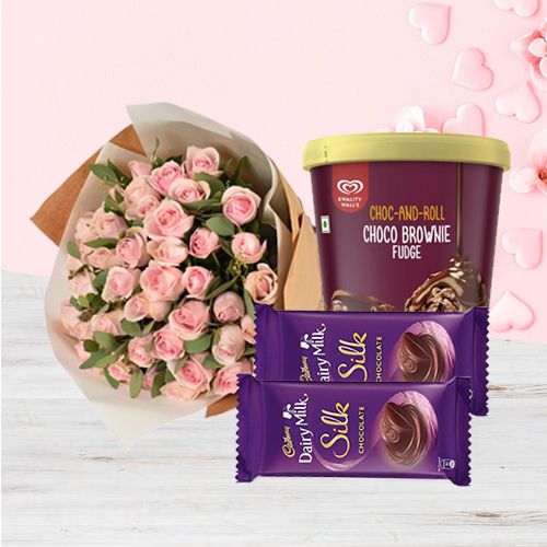 Glamourous Roses with Kwality Walls Choco Brownie Ice Cream n Cadbury Silk