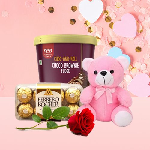Yummy Ferrero Rocher Kwality Walls Choco Brownie Ice Cream with Teddy n Single Rose