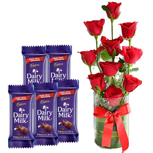 Expressive Love Red Roses in Glass Vase with Cadbury Dairy Milk