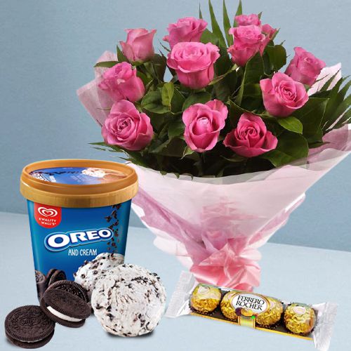 Pretty Pink Roses with Kwality Walls Oreo Ice Cream n Ferrero Rocher