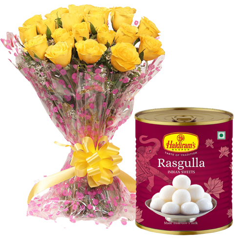 Elegant Bouquet of Yellow Roses with Haldiram Rasgulla for Mom