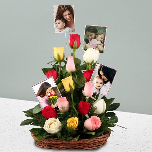Amazing Personalized Pics N Mixed Roses Basket