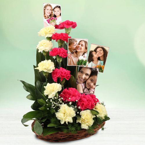Splendid Red n Yellow Carnations n Personalized Photos Basket
