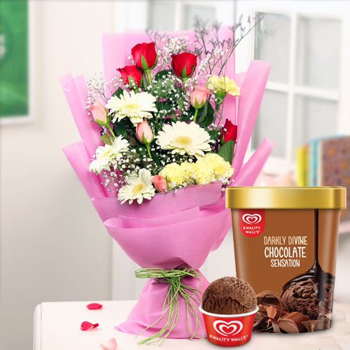 Exotic Mixed Flower Arrangement with Chocolate Ice-Cream from Kwality Walls