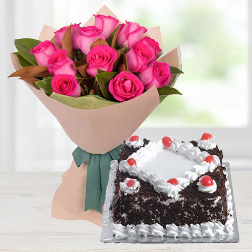 Pink Rose Bouquet with Black Forest Cake