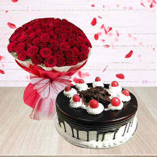 Red Roses with Black Forest Cake