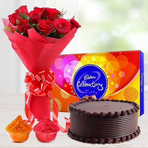 Nicely Gift Wrapped 12 Red Roses Bouquet with Fresh Baked Chocolate Cake 1 Lb From Best Local Bakery and Assorted Chocolates with free Gulal/Abir Pouch.