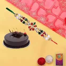 Delectable Rakhi Wishes Chocolate Cake with Rakhi Roli Tika and Chawal for your Dear Brother