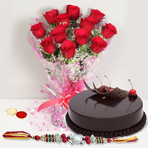 Astonishing Rakhi Wishes Gift of Red Roses Arrangement and Eggless Cake with Rakhi Roli Tika and Chawal