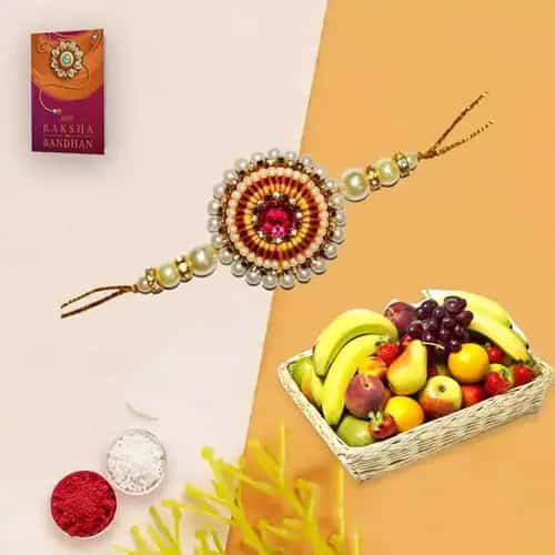 Fresh Fruit Basket 5 Kg with 1 Regular Rakhi and Roli Tilak Chawal