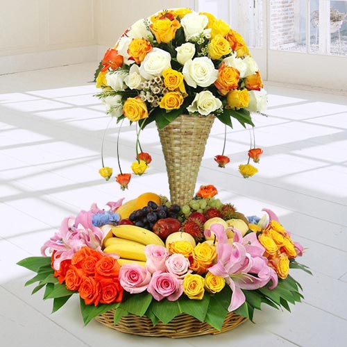 Marvellous Arrangement of Fresh Fruits N Flowers