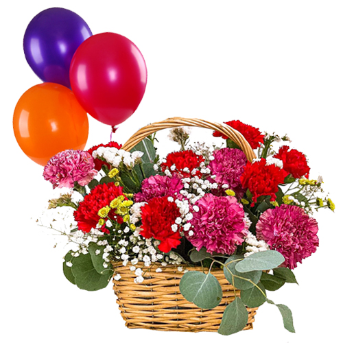 Mixed Carnations Basket with Balloons
