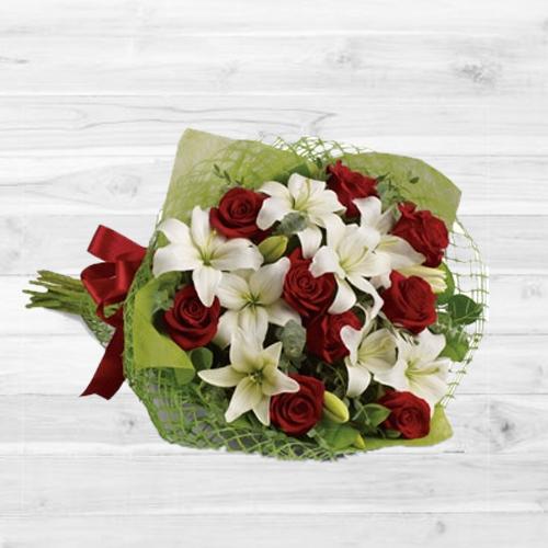 Dark Red Roses N Lilies Bouquet