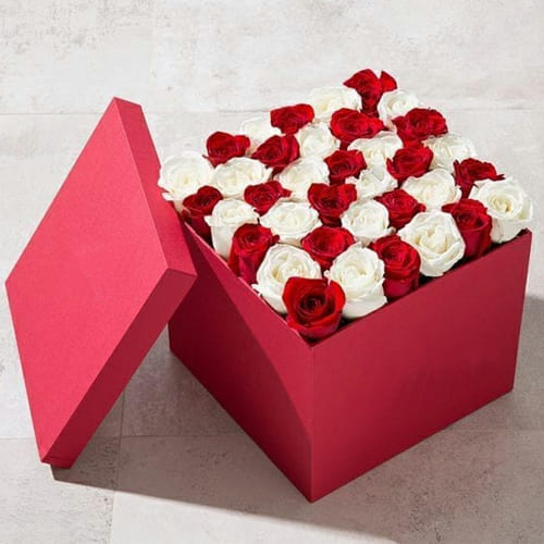 Luxurious Red Box of Red n White Roses