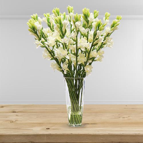 Captivating Arrangement of White Rajniganda Sticks in a Glass Vase