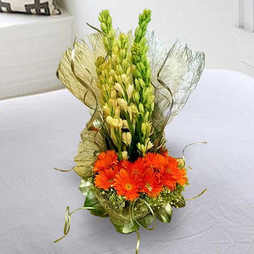 Artistic White Tuberose n Orange Gerberas Arrangement