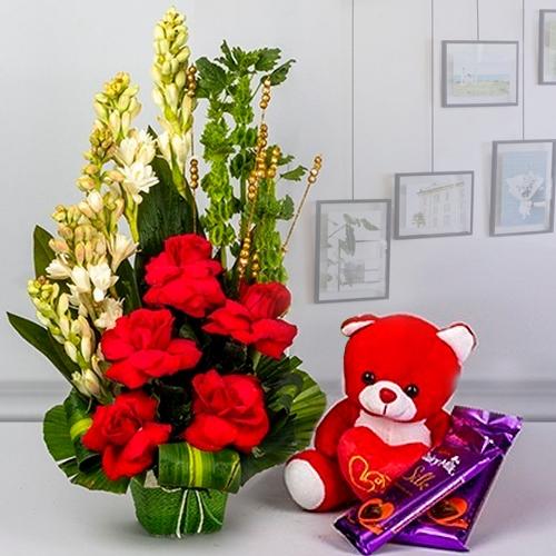 Glorious Combo of Fresh Flowers with Teddy n Cadbury Chocolates