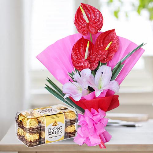 Classy Bouquet of Red Anthurium n Pink Lilies with Ferrero Rocher