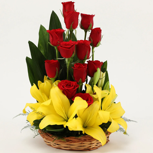 Basket Arrangement of Lilies N Roses
