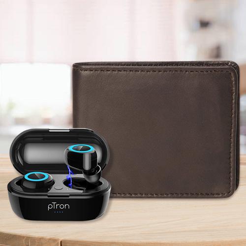 Stylish Mens Leather Wallet with PTron Bluetooth Earbuds