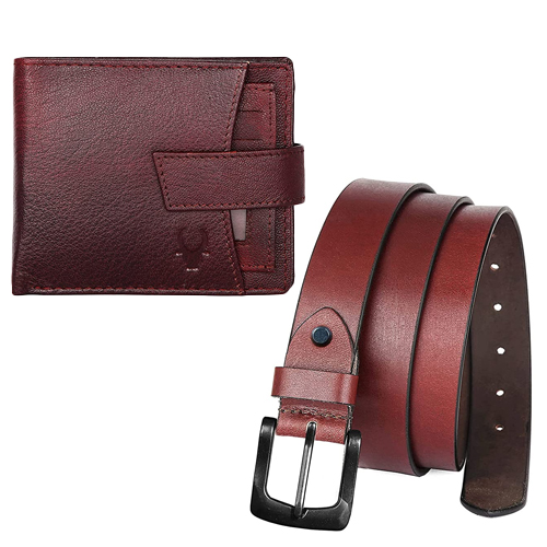 Marvelous WildHorn Mens Leather Wallet N Belt Set in Maroon