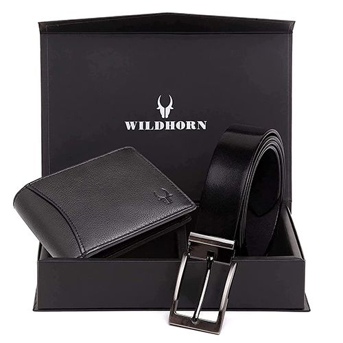 Fancy WildHorn Mens Jade Black Leather Wallet N Belt Set