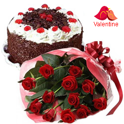 MidNight Delivery ::12 Red Rose Bunch with  Black Forest Cake