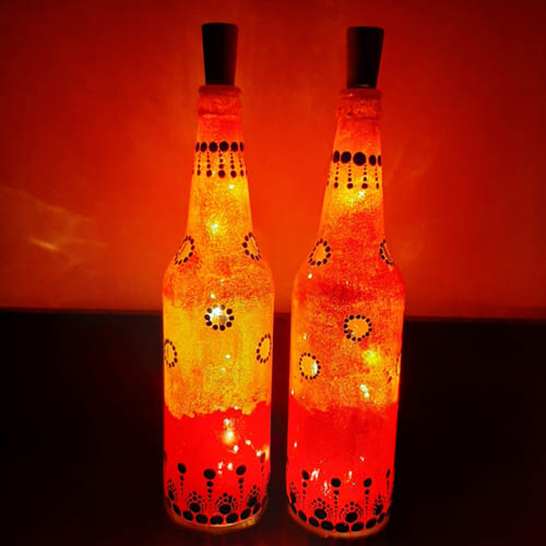 Decorated Pair of Handmade Dot Mandala Art LED Bottle Lamp