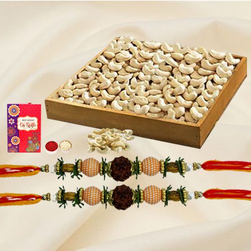 Ethnic Pair of Rudraksh Rakhis with Cashews Roli Tika n Card