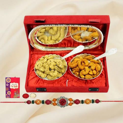 Elegant Stone Rakhi with Cashews in Silver Plated Bowl n Tray