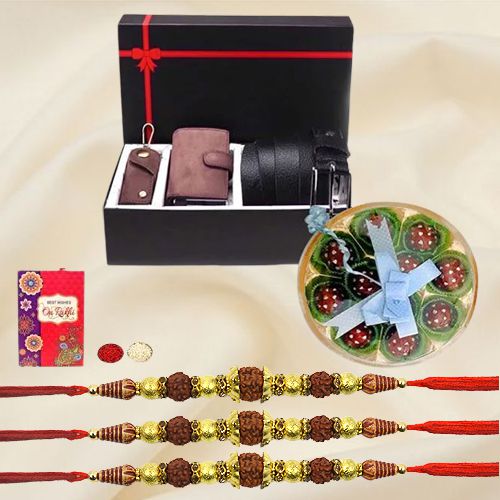 Holy Rudraksha Rakhi with Mens Leather Accessories n Homemade Chocolates