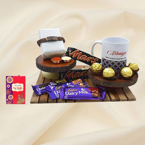 Fancy OM Bracelet Rakhi with Bhaiya Coffee Mug N Chocolate Hamper