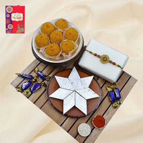 Elegant Om Rakhi with Haldiram Mithai Chocolate N Puja Thali