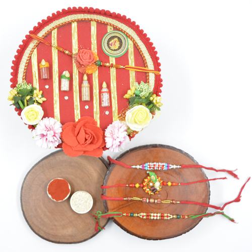 Stunning Stone Rakhi Set of 4 with Shree Rakhi Pooja Thali