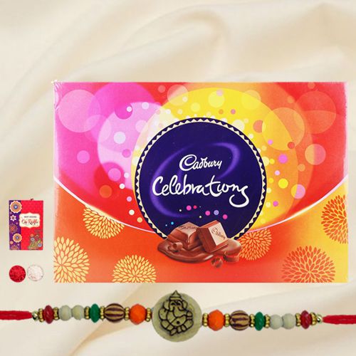 Cadbury Celebration Assortment Gift Pack with an auspicious Rakhi with free Roli Tilak Chawal